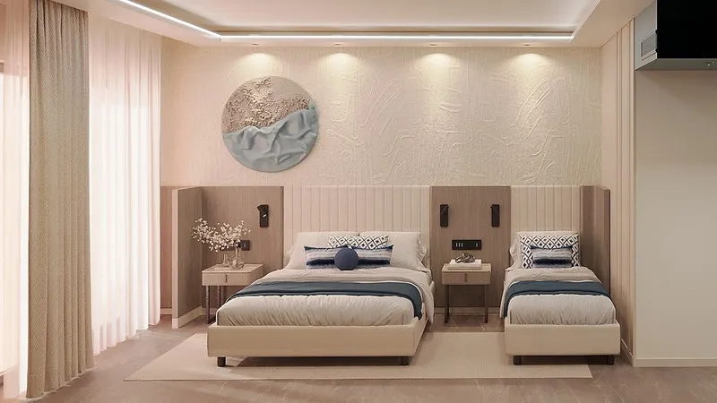 Luksuzna dvoposteljna soba v bež in modrih tonih