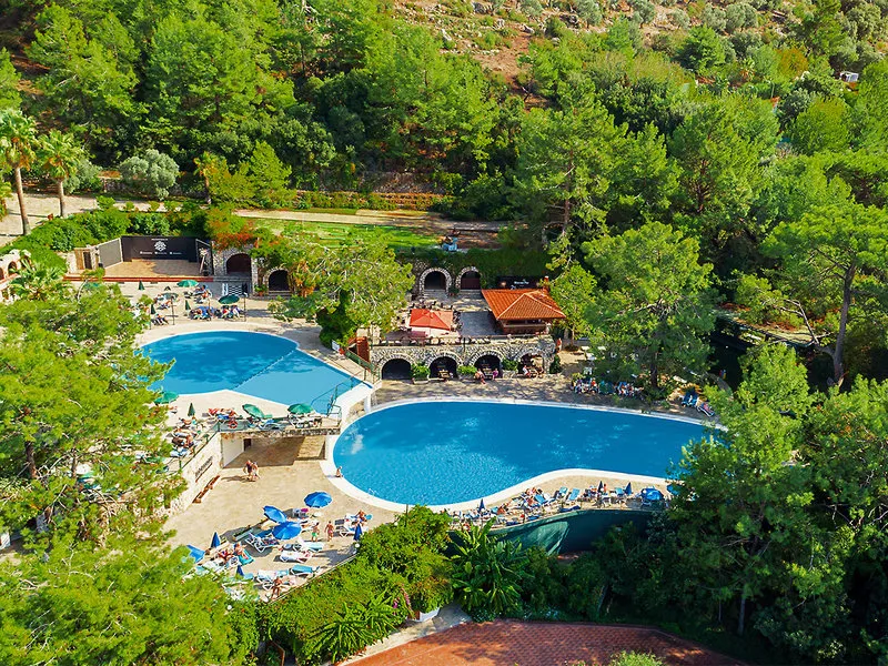 Pogled iz zraka na dva modra bazena obdana z borovim gozdom